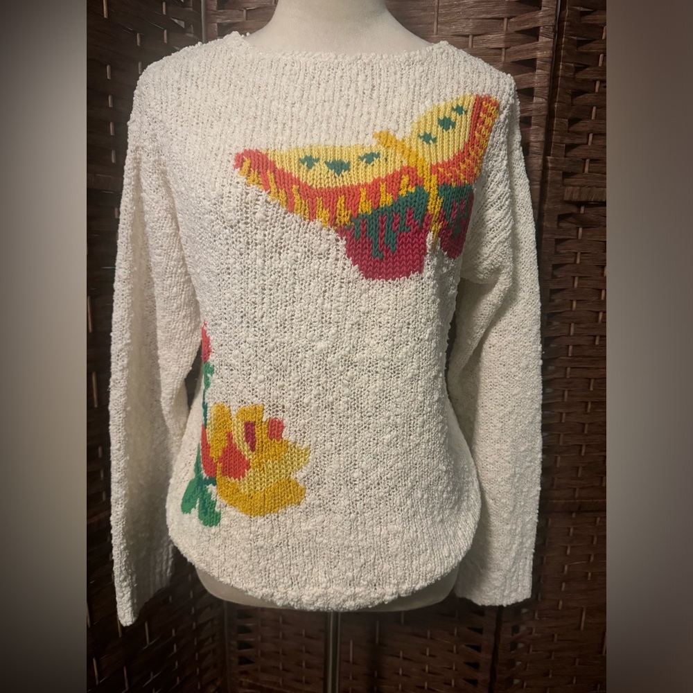 Objectives Lightweight Sweater Textured Acrylic Butterfly Off White Ivory Small